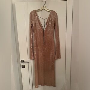 ALMA LONG SLEEVE EMBELLISHED SEQUIN MAXI DRESS - BEIGE GOLDEN